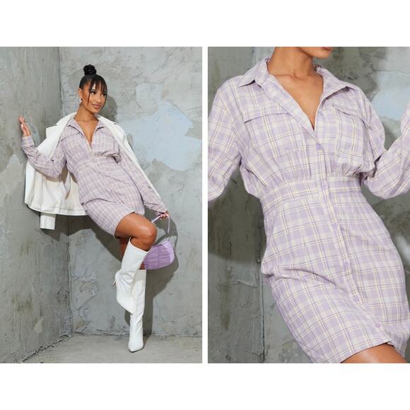 Pretty Little Thing Plaid Long Sleeve Button Down Lilac Shirt Dress NWT Sz 16 - Picture 15 of 15